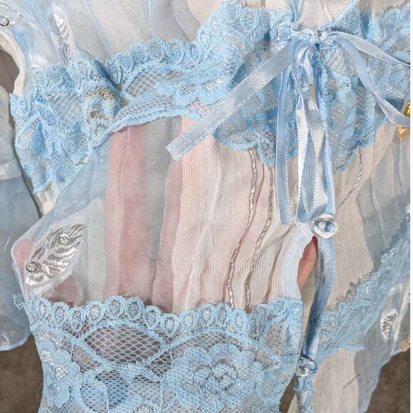 Jaipur Blue Sheer Sequin Ruffle Long Sleeve Crinkle Button Top Fairy Ribbons Med - Picture 5 of 7